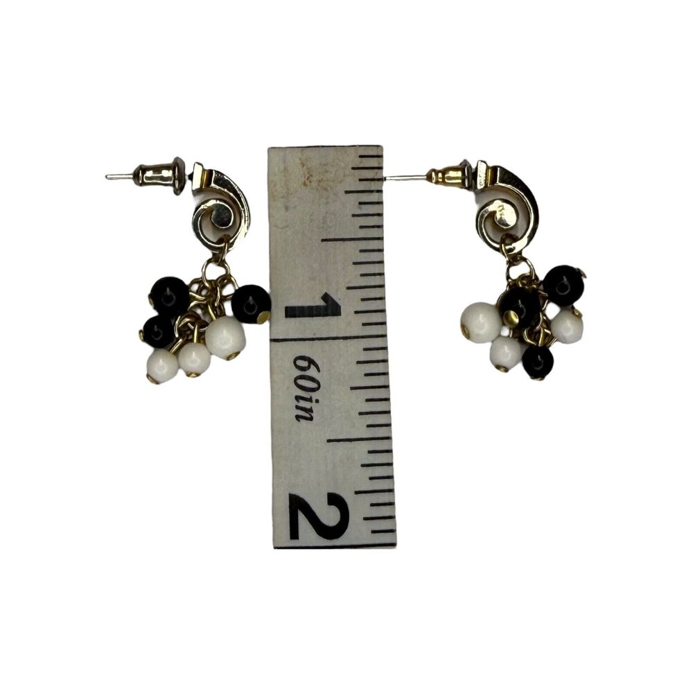 Vintage Silver-Tone Spiral Black White Cluster Beads Dangle Earrings Women's - Picture 5 of 5